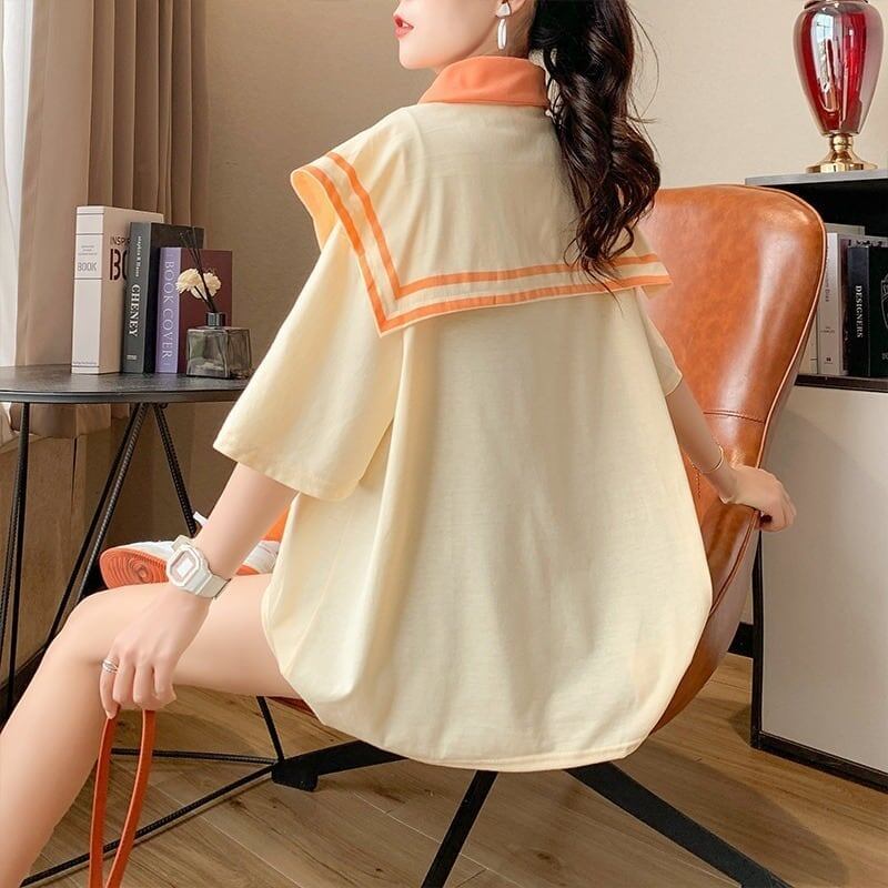 絶対欲しい ロング セーラーカラー Tシャツ 三色 ゆったりワンピース＜S-4028＞