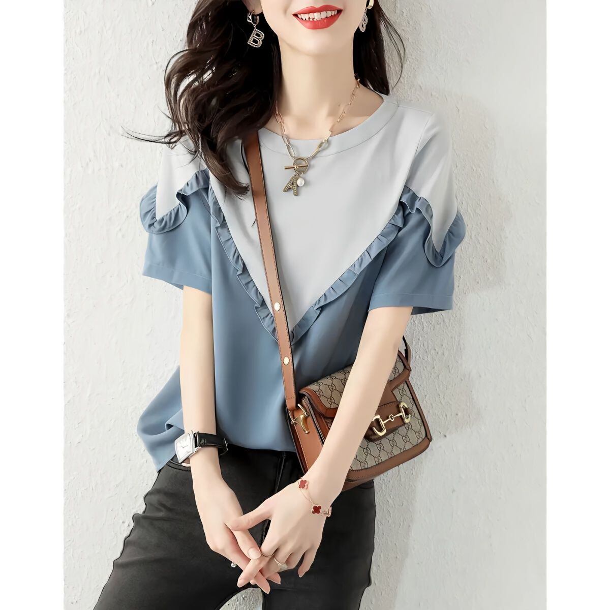【半額！期間限定！！】 ファッション 定番シンプル 上質 シフォン 半袖<S-6595>