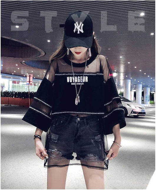 話題沸騰中 レイヤード風 アバンギャルド プリントTシャツ ゆったり半袖＜S-8102＞
