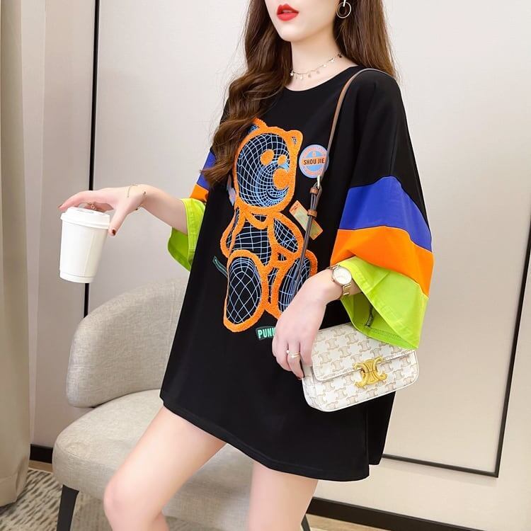 超人気商品 カラーマッチング ベアー柄 切り替え プリント ロング Tシャツ ゆったりワンピース ＜S-4024＞