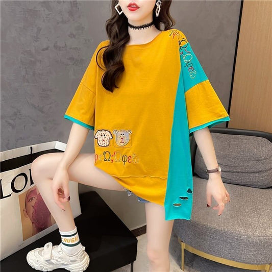 韓国風漫画刺繍ワッペン半袖Tシャツ<S-2991>