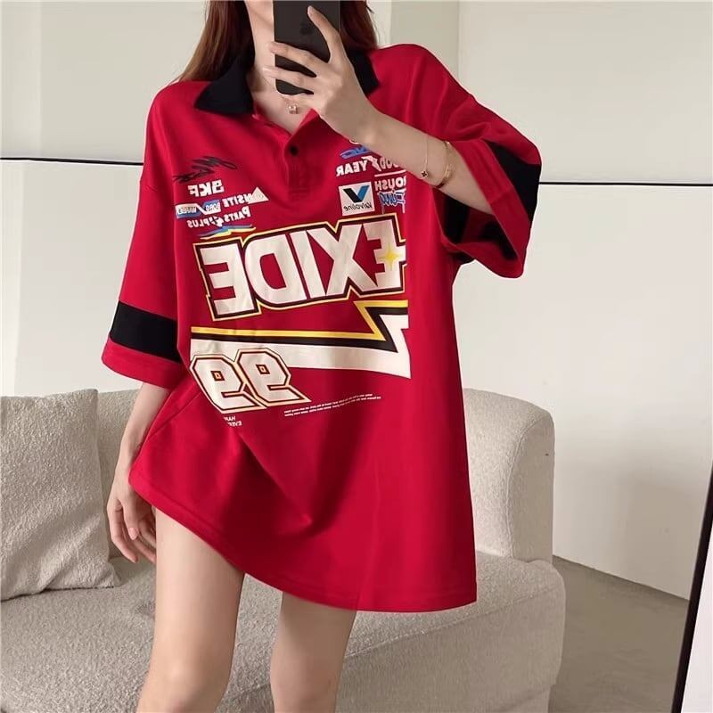 韓国系 オーバーサイズ POLOネック グラフィック ロング Tシャツ 三色 ゆったりワンピース＜S-4025＞