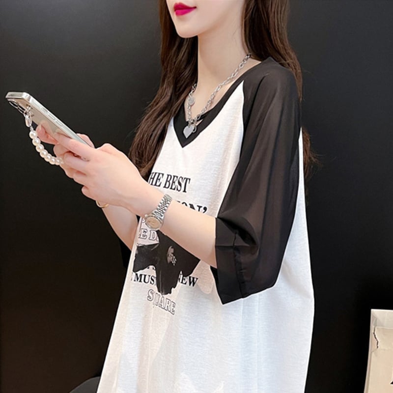 好感度満載 切り替え 美感いっぱい プリント Tシャツ カットソー＜S-3479＞