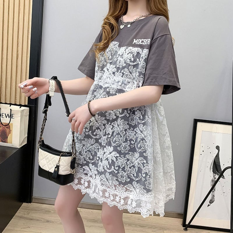 女子マスト 切り替え レース ゆったり 着?せ ハイウエスト 半袖 ワンピース ＜S-2019＞