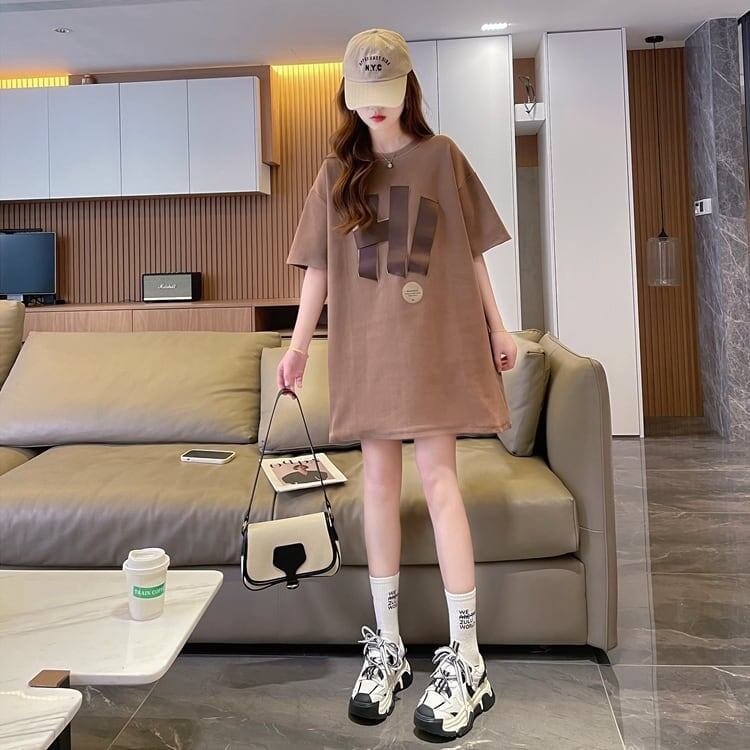 ファッション ロング プリントTシャツ 丸襟 半袖＜S-2807＞