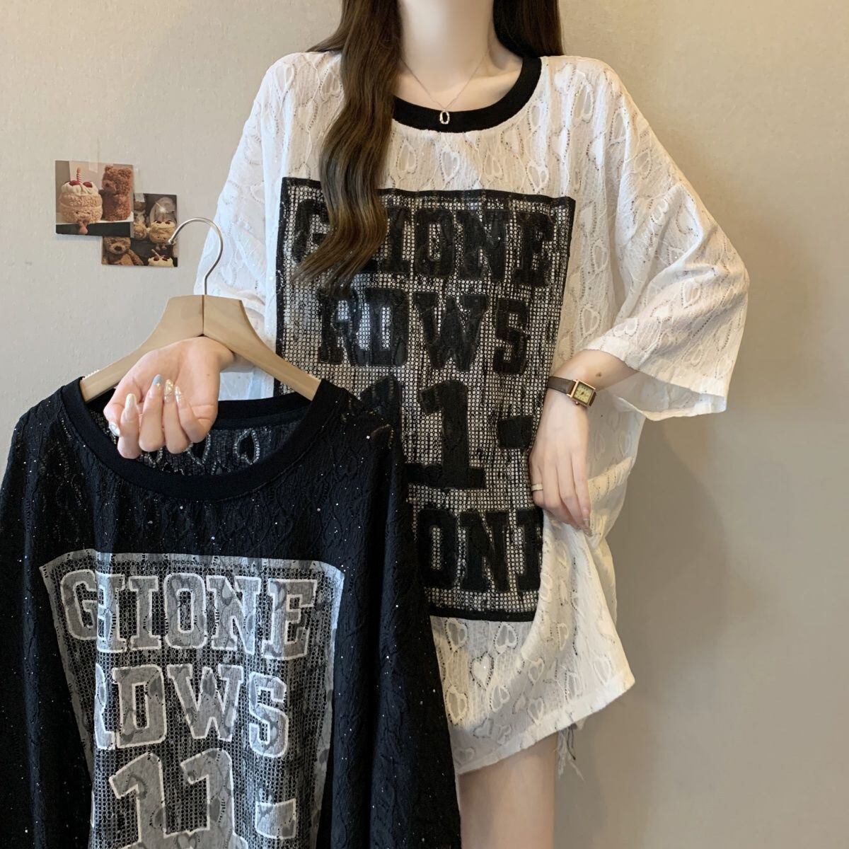 超人気 アバンギャルド 絶対流行 レース プリント全2色 半袖Tシャツ<S-8798>