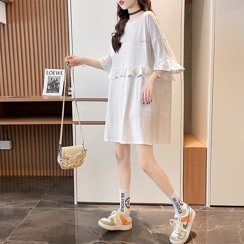 【半額！期間限定！！】合わせやすい 切り替え フリル プリント Tシャツ ゆったりワンピース＜S-3008＞