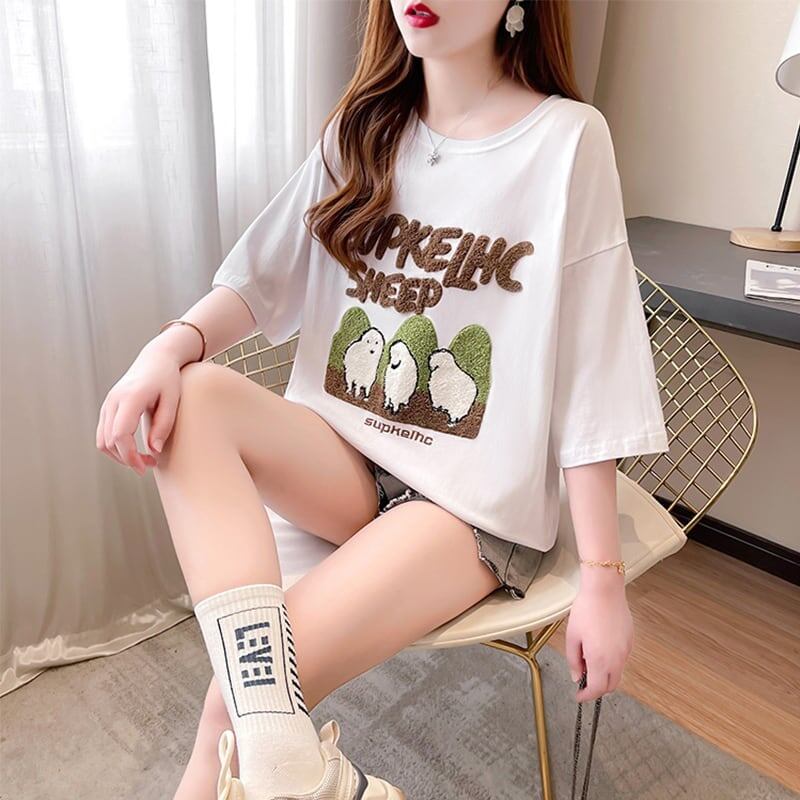 合わせやすい 切り替え チャーミング プリント Tシャツ カットソー＜S-3480＞