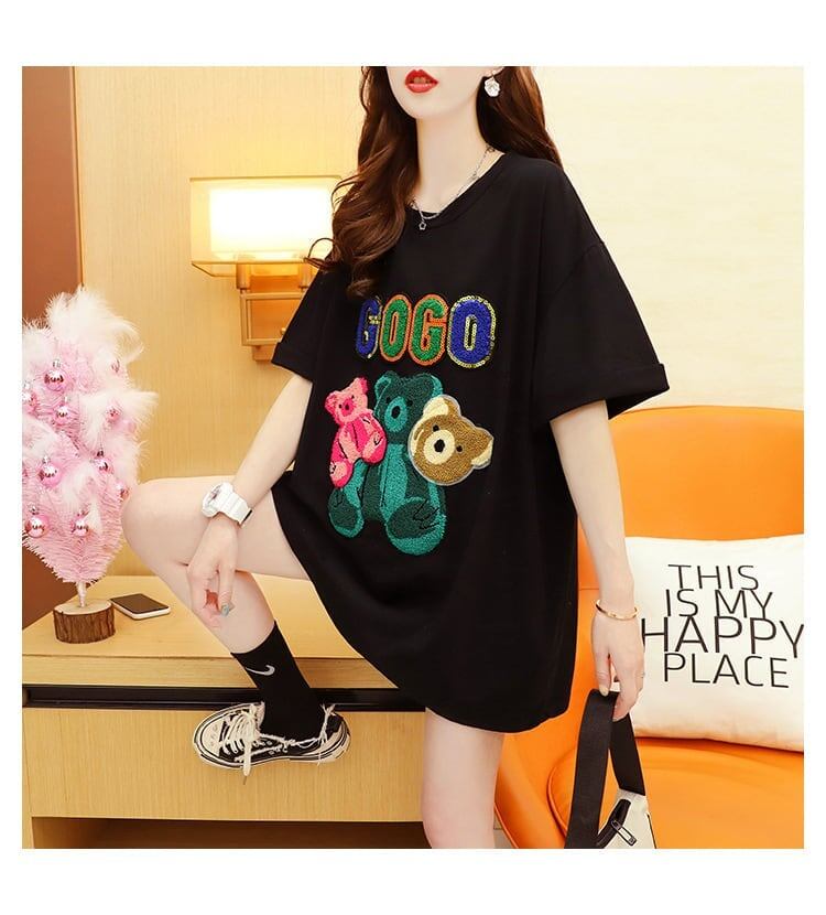 重工業スパンコール外国風おしゃれ植毛刺繍クマ半袖Tシャツ<S-2911>