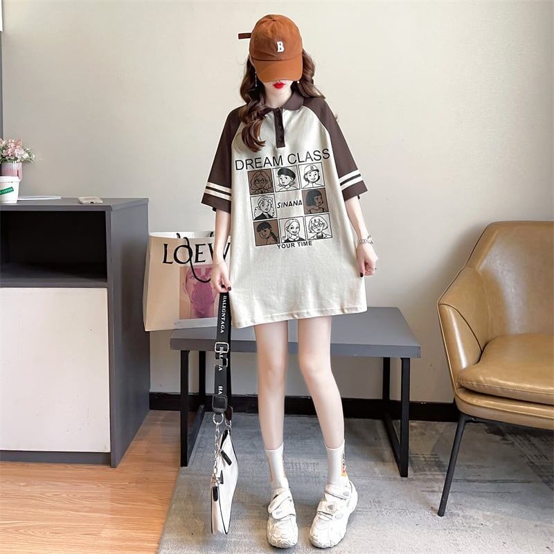 早い者勝ち グラフィック POLOネック プリント ロング ラグランTシャツ ゆったりワンピース＜S-4027＞