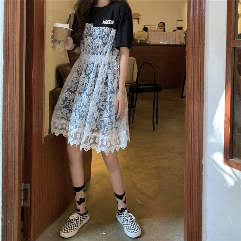 売れ筋 切り替え レース フェイクレイヤード 膝丈 半袖 Tシャツワンピース ＜S-1953＞