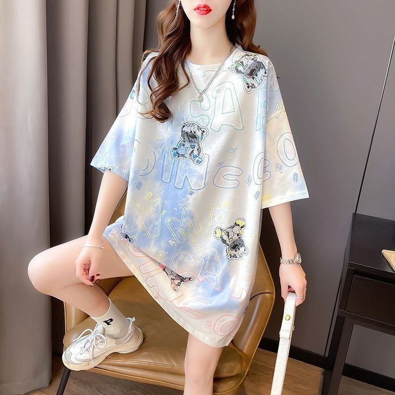 大好評 絞り染め クマ柄 ロング Tシャツ ゆったり半袖 ＜S-3990＞