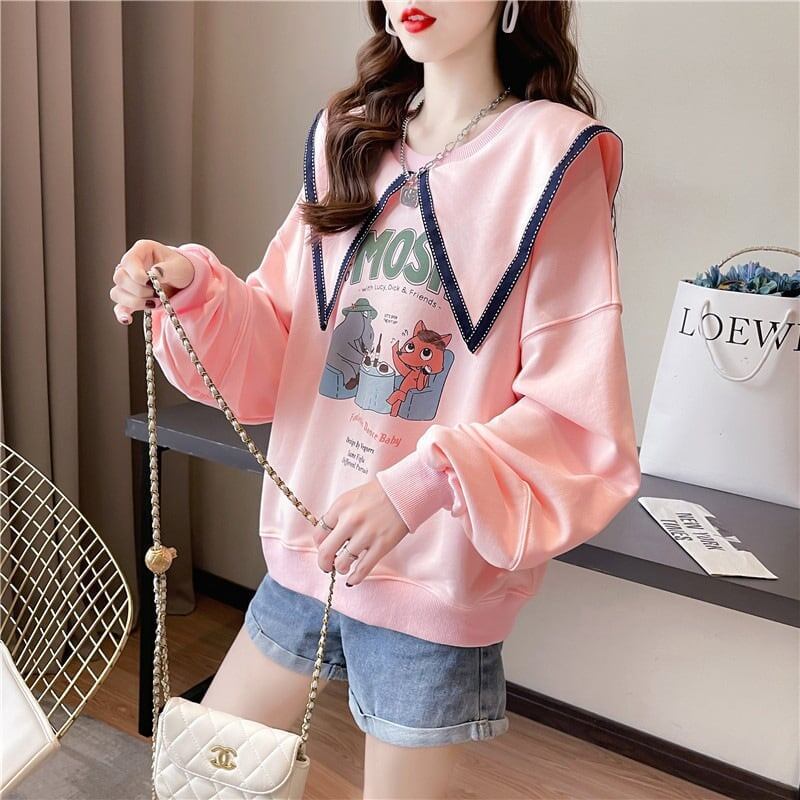 絶対欲しい グラフィックプリント セーラ服の襟 三色 長袖Tシャツトップス<S-4036>
