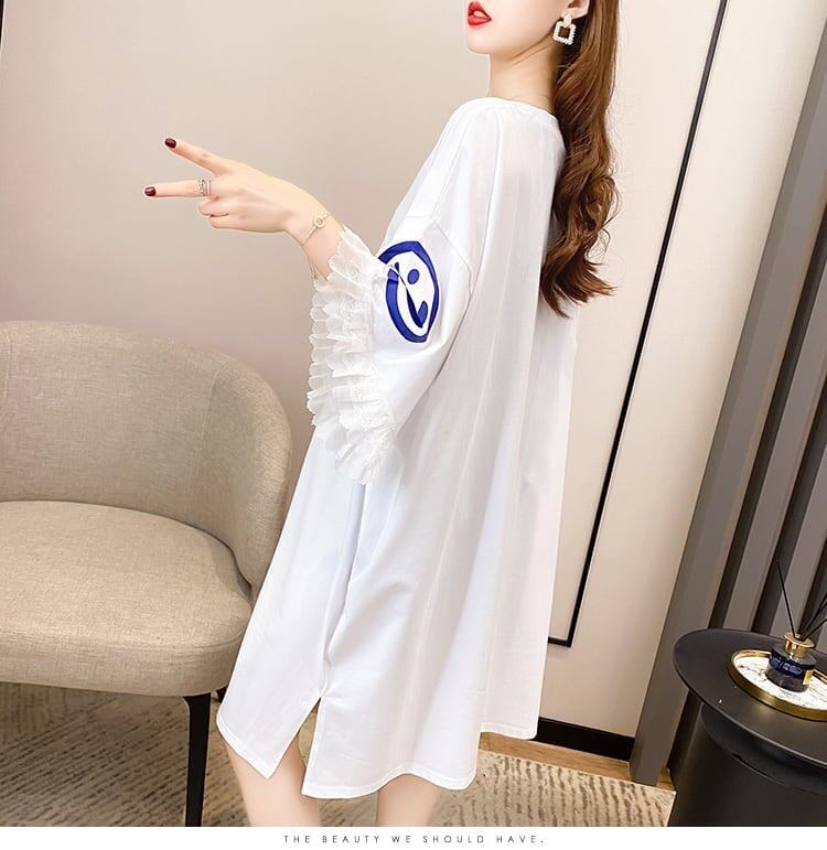 夏新作 アルファベット オーバーサイズ フリル プリントTシャツ 三色 ゆったり半袖＜S-3009＞