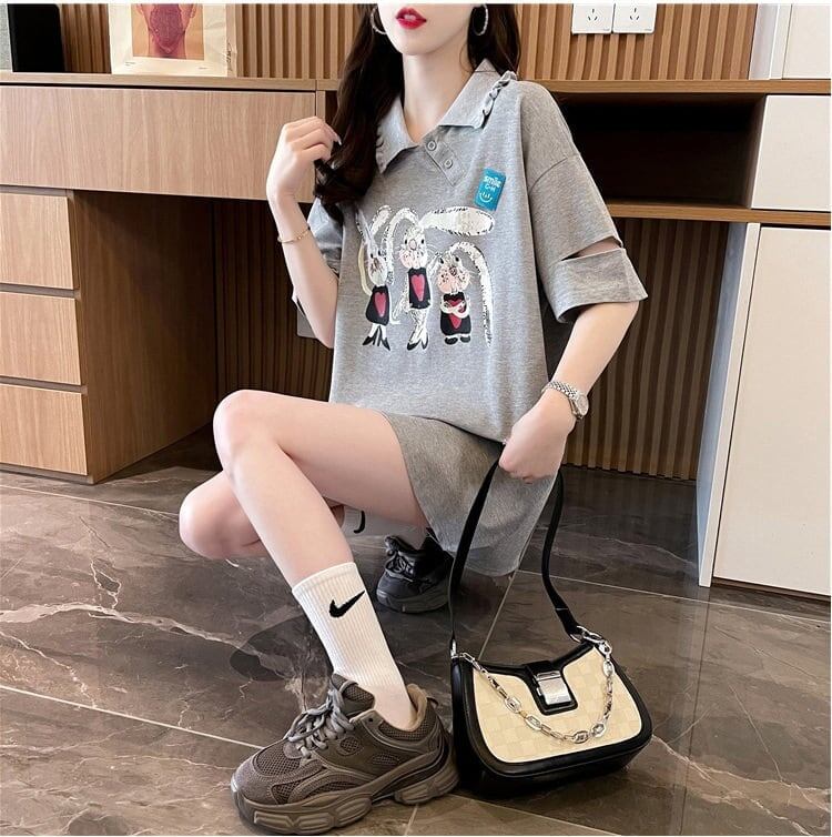 美人度アップ 折り襟 可愛いウサギちゃん プリントロング Tシャツ ゆったり半袖 ＜S-2956＞