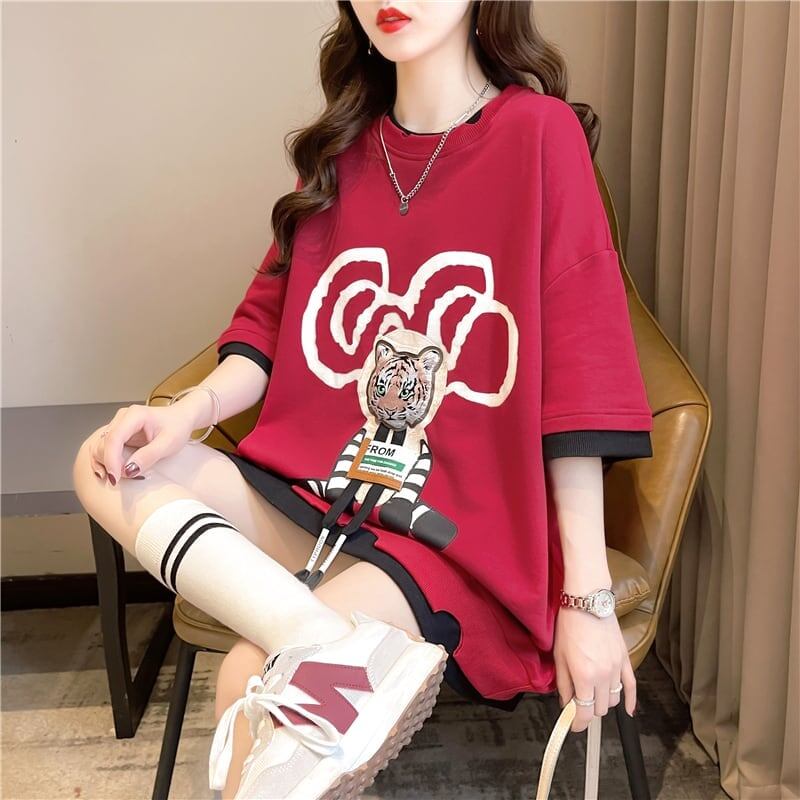 気質ルーズ漫画プリントミッドレングス半袖Tシャツ<S-3026>