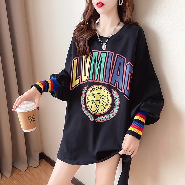 着?せ グラフィックプリント 虹色 ロング長袖Tシャツ 三色トップス＜S-4107＞