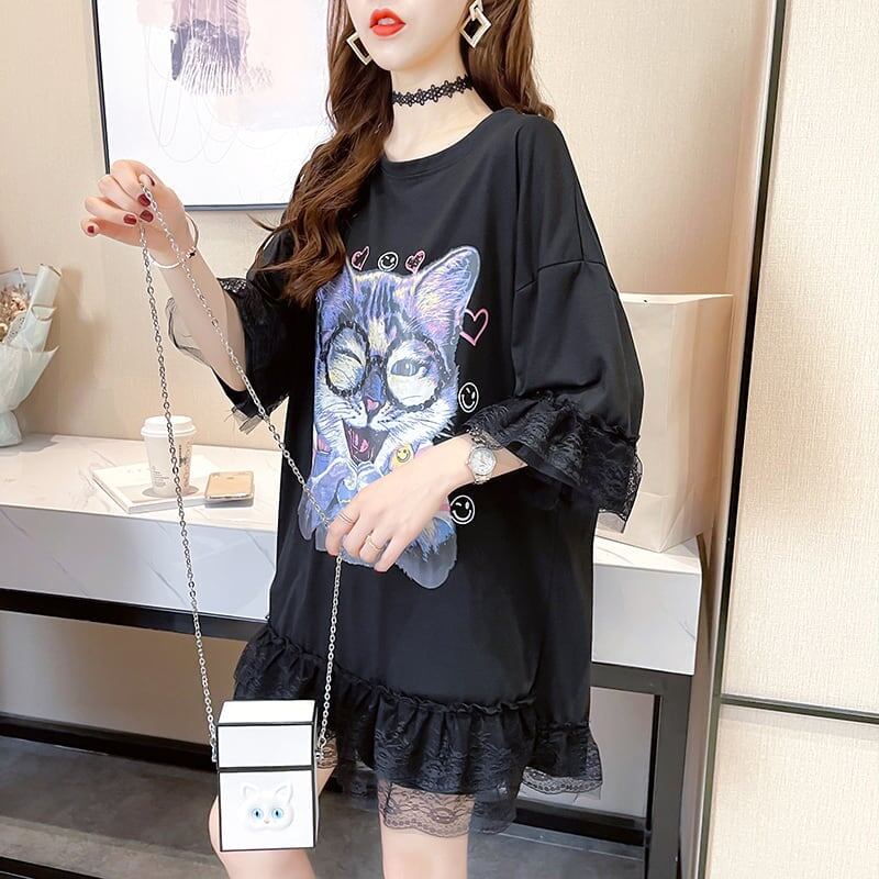好感度満載 プリント 美感いっぱい Tシャツ カットソー ワンピース＜S-3428＞
