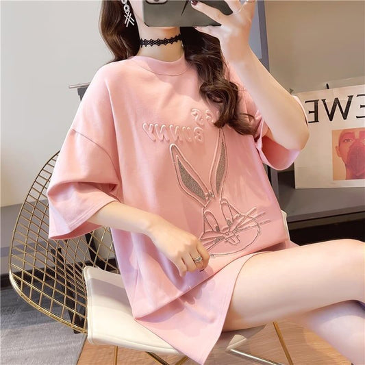 美人度アップ ウサギ ビジュー ロング Tシャツ 三色 ゆったり半袖＜S-2945＞