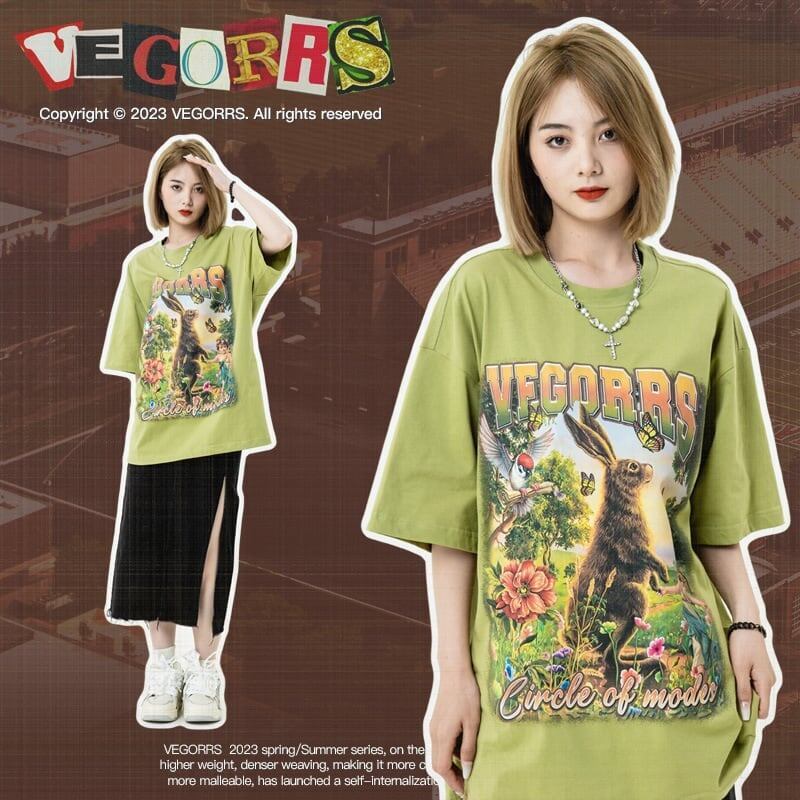 アメリカンレトロ絵画ウサギ半袖Tシャツカップル男女同スタイル<S-2910>
