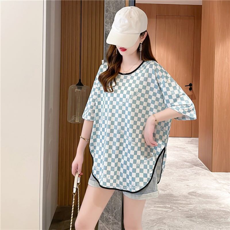 好感度満載 ラウンドネック 女性力を高める チェック柄 Tシャツ カットソー＜S-2985＞