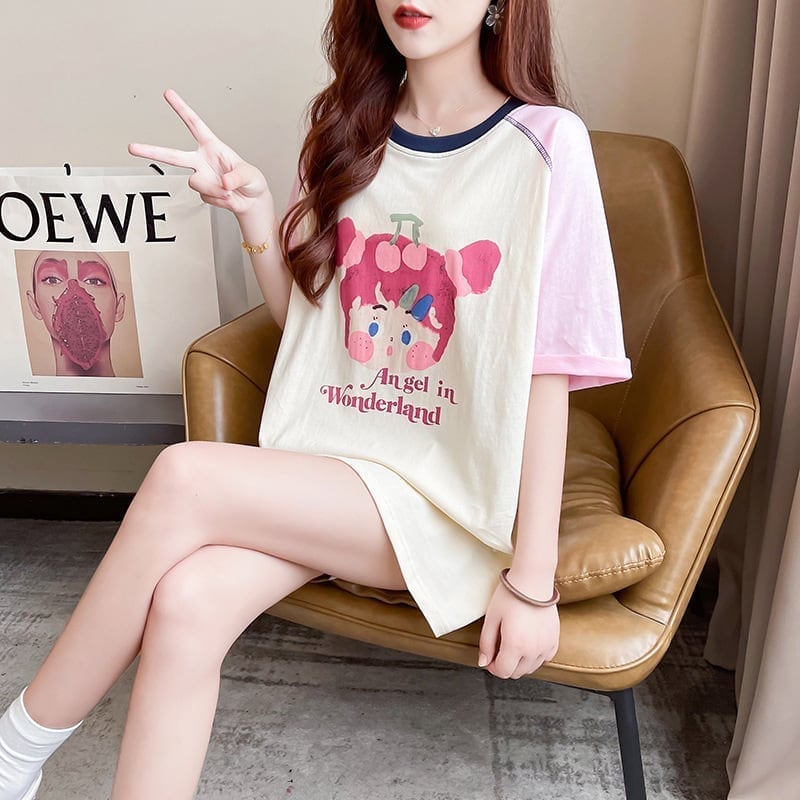 女子マスト ラグランTシャツ カラーマッチング ライトパープル アルファベットプリント半袖 ＜S-2974＞