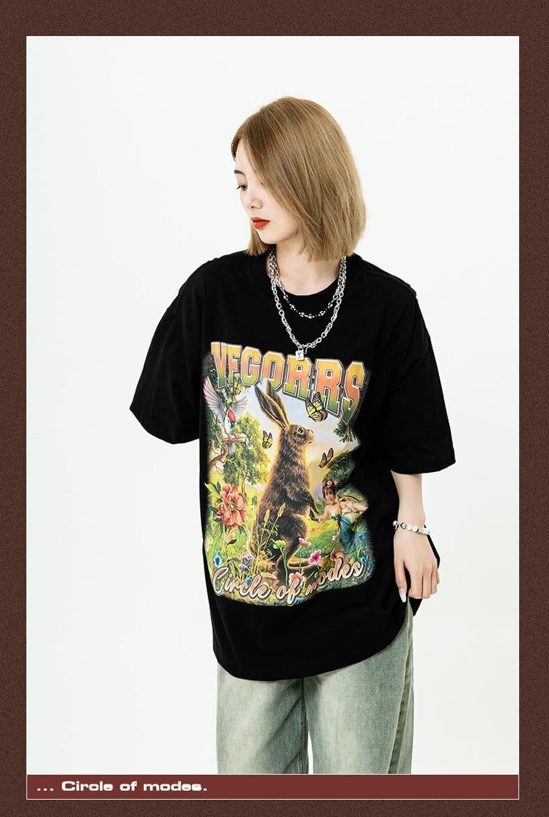 アメリカンレトロ絵画ウサギ半袖Tシャツカップル男女同スタイル<S-2910>