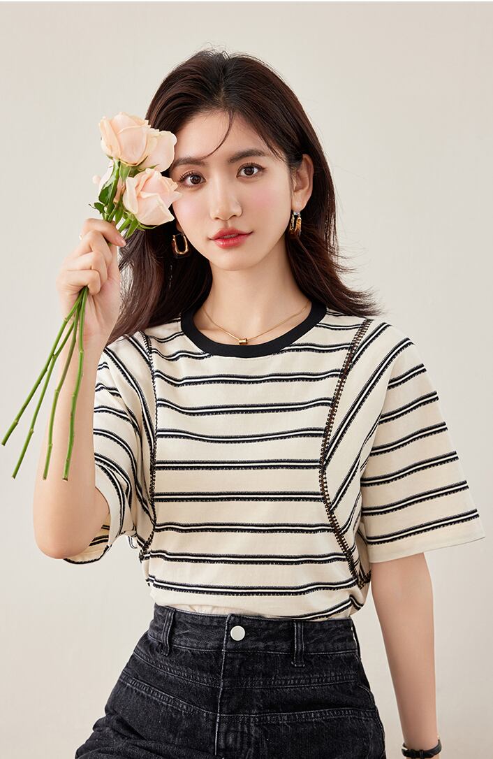 好感度UP ファッション カジュアル エレガント ストライプ柄 Tシャツ<S-8327>