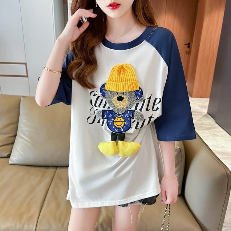 大注目 ラグランTシャツ カラーマッチング クマちゃん アルファベットプリント半袖 ＜S-2970＞