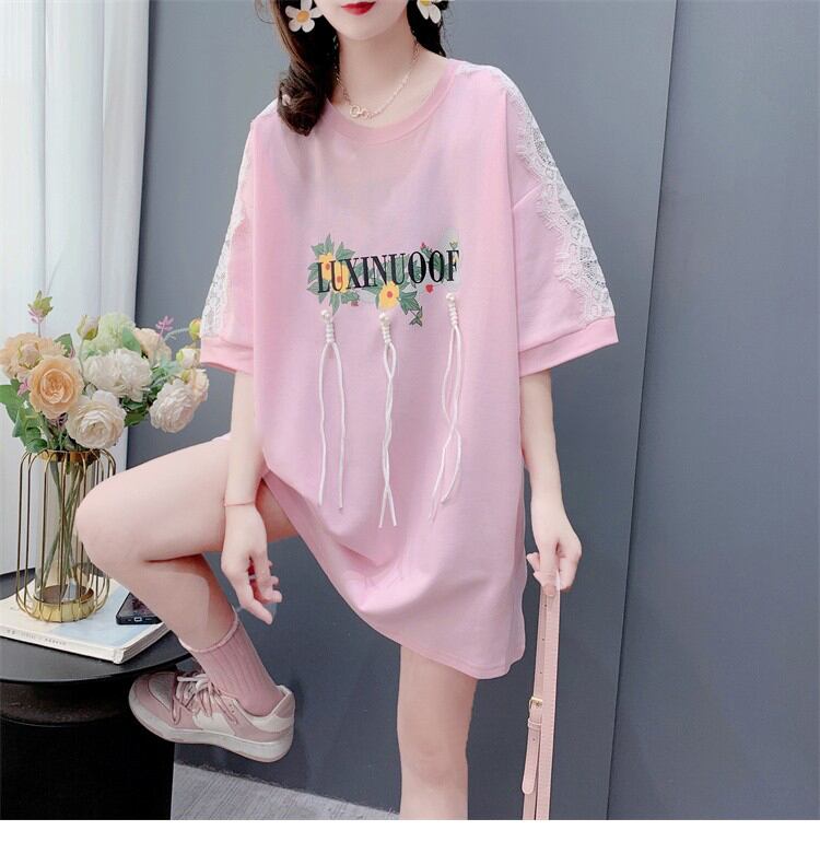 絶対欲しい レース スウィートプリント 切り替え 全2色 半袖Tシャツ ＜S-8656＞