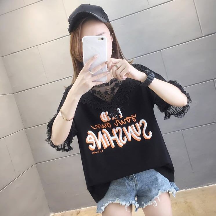 エレガントなレースステッチ半袖Tシャツ<S-3030>