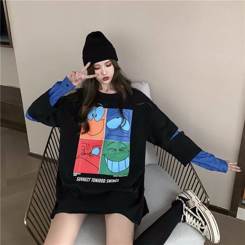 見逃し禁止レイヤード  グラフィックプリント 二色長袖Tシャツ＜S-4065＞