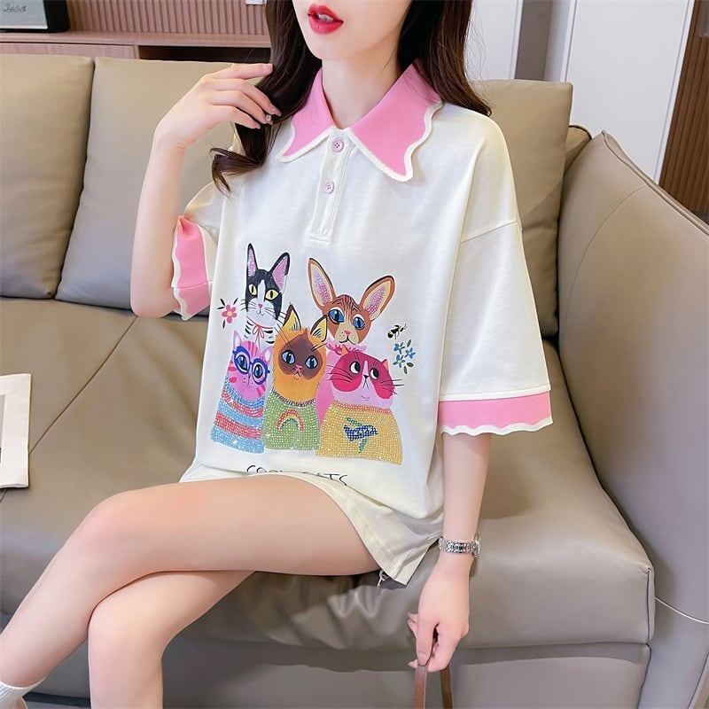デザインセンスゆったりプリントトップラペルTシャツポロシャツ<S-2898>