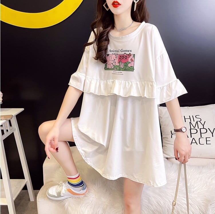 ミドル丈のイレギュラー半袖Tシャツワンピース<S-5007>