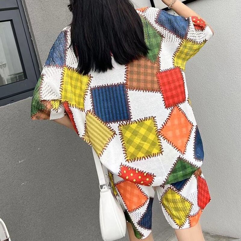 絶対欲しい アイスシルクニット ジオメトリック柄 半袖 Tシャツ ショートパンツ セットアップ ＜S-8983＞