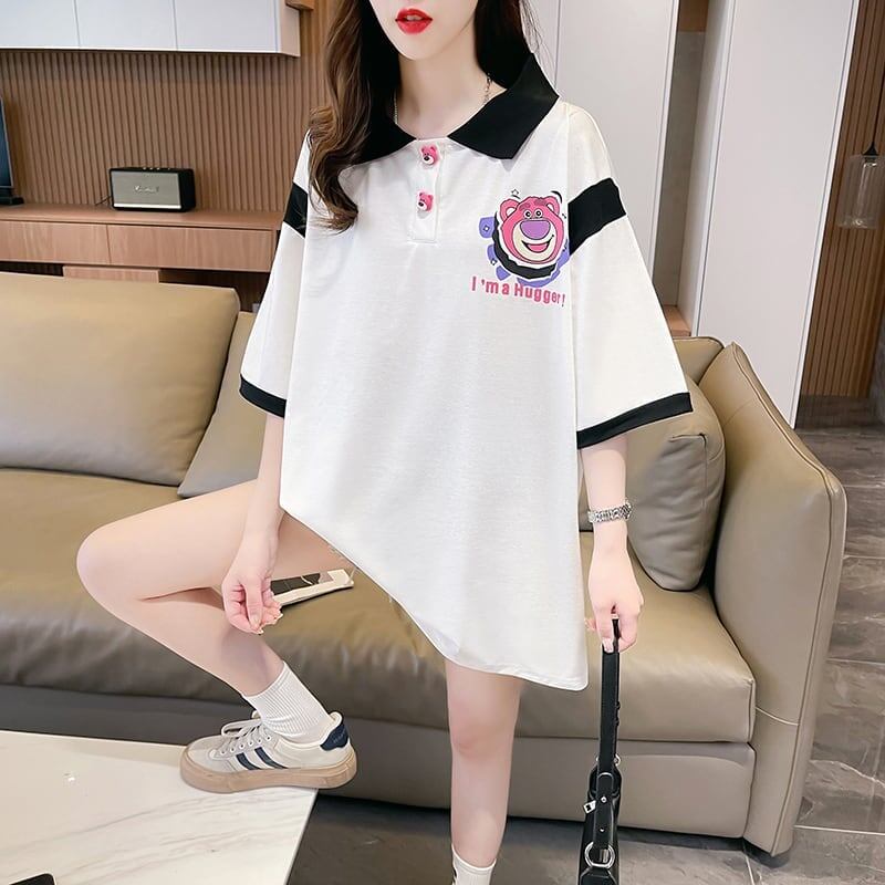 POLOネック 切り替え 熊柄 ロング プリント Tシャツ 二色 ゆったりワンピース ＜S-3020＞