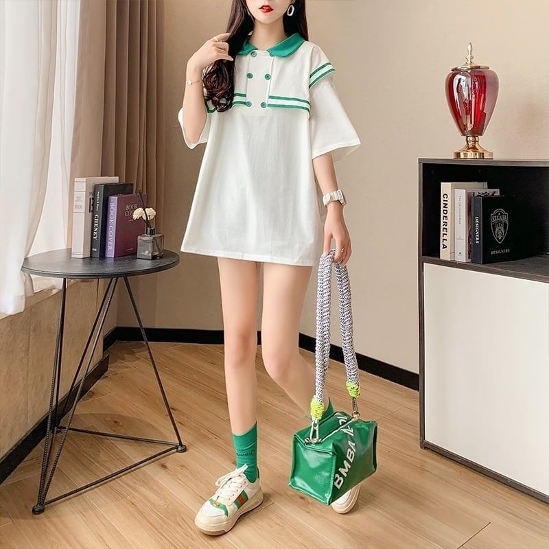 絶対欲しい ロング セーラーカラー Tシャツ 三色 ゆったりワンピース＜S-4028＞