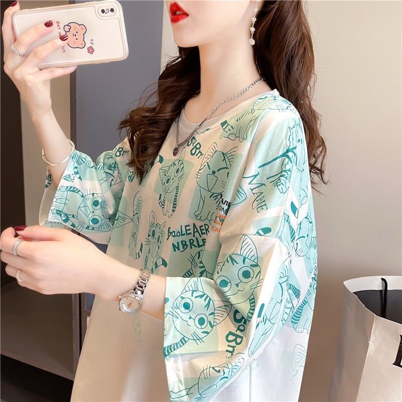 【半額！期間限定！！】大好評 プリント 猫柄 ロング Tシャツ 四色 ゆったりワンピース ＜S-4017＞