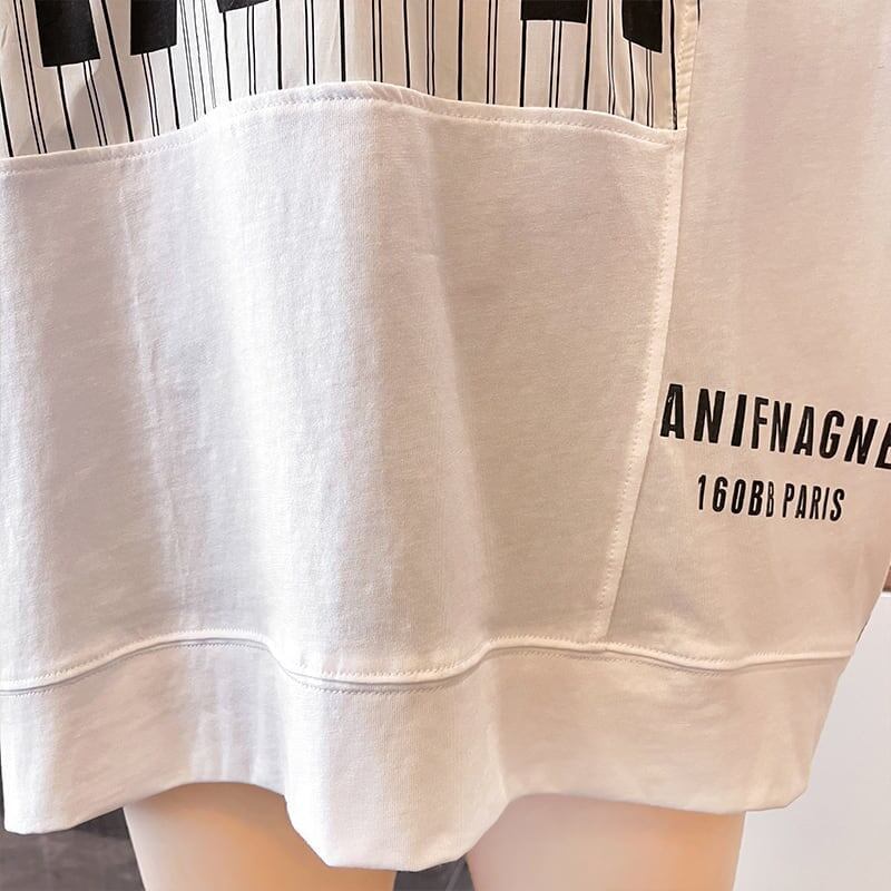大好評 切り替え ストライプ柄 プリント ロング Tシャツ 三色 ゆったりワンピース ＜S-4012＞