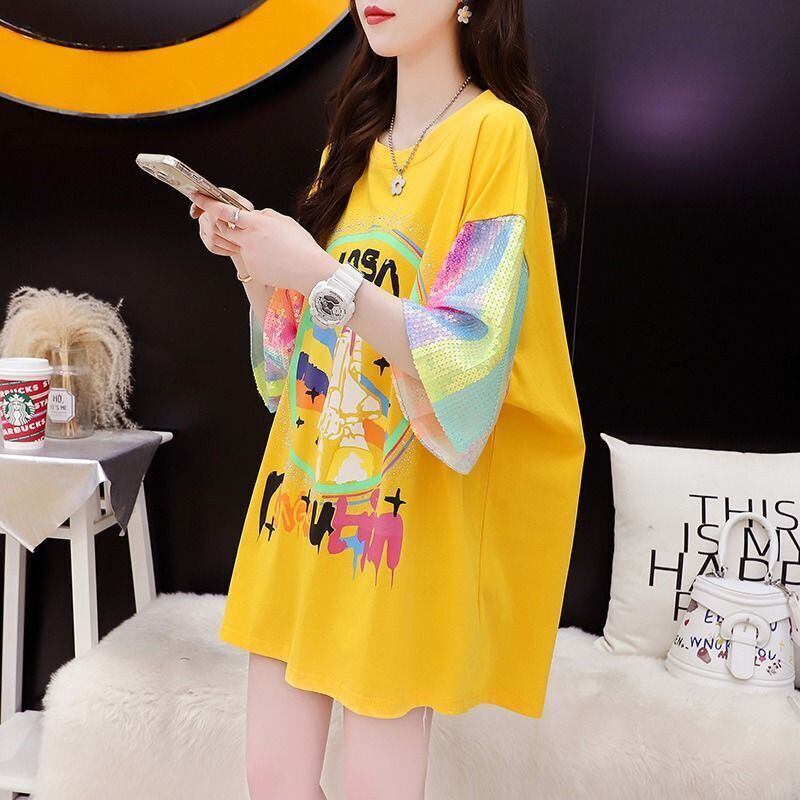 新作 プリント 切り替え ピンク プリント スパンコール 全3色 半袖Tシャツ＜S-8165＞