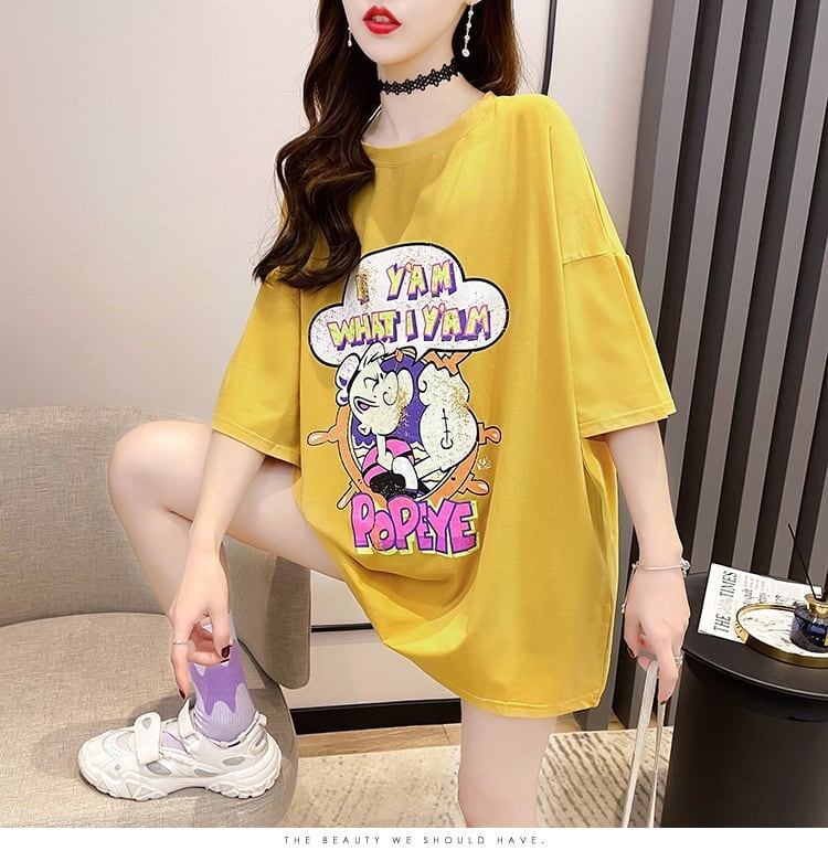 【半額！期間限定！！】グラフィック レース 透かし彫り ロング Tシャツ ゆったりワンピース ＜S-4021＞