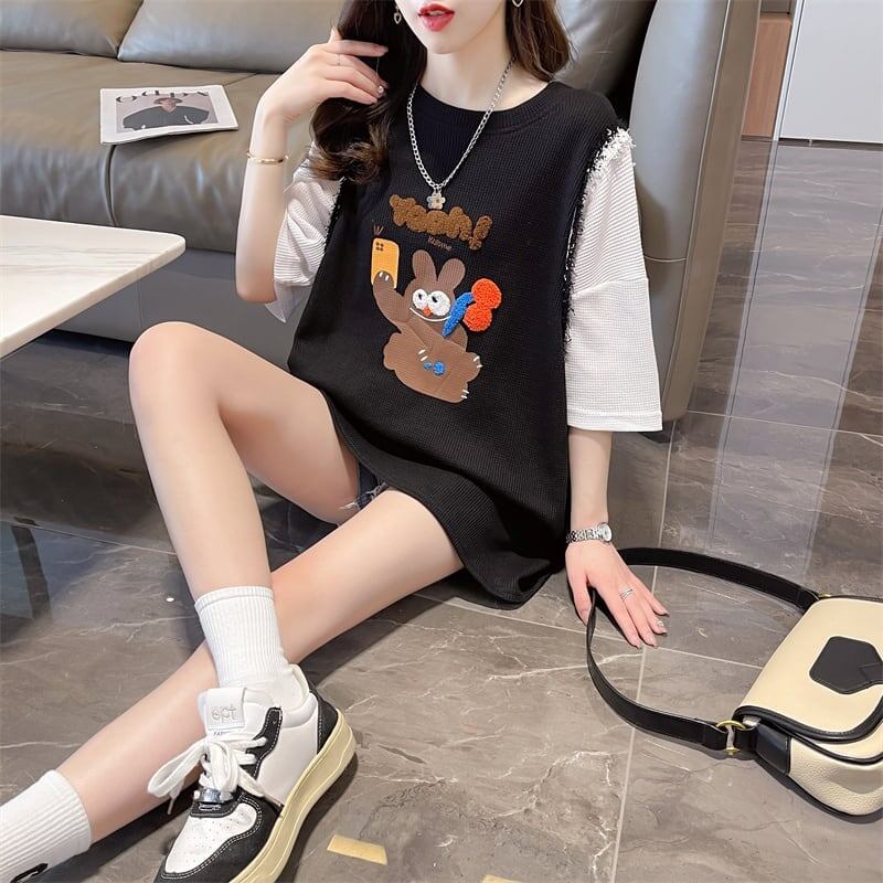 ワッフルフェイクツーピース漫画立体刺繍半袖Tシャツ<S-2871>