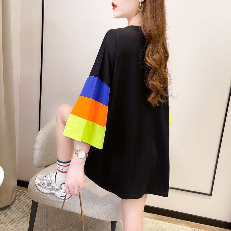 超人気商品 カラーマッチング ベアー柄 切り替え プリント ロング Tシャツ ゆったりワンピース ＜S-4024＞