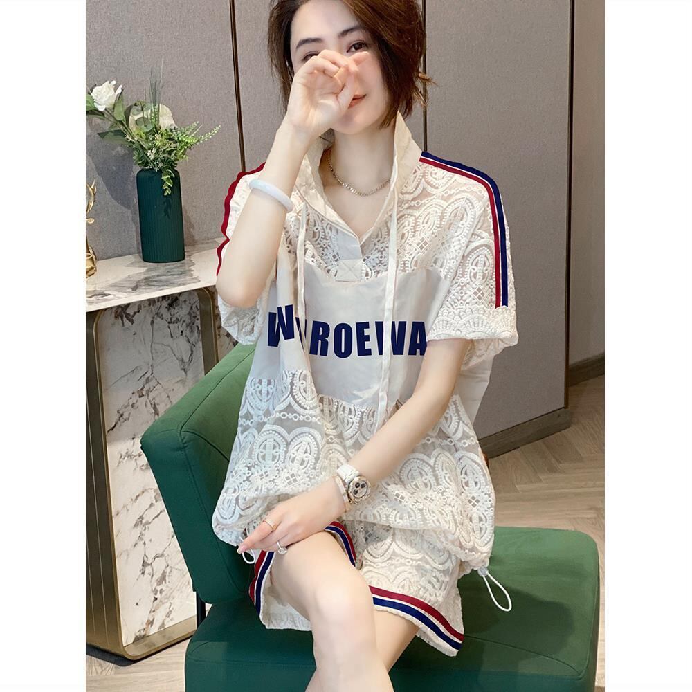 好感度UP カジュアル 上品 レース 透かし彫り 切り替え 半袖Tシャツ ショートパンツ セットアップ ＜S-8807＞