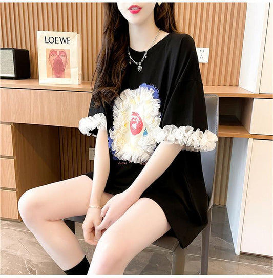 デザインセンスレースステッチTシャツ半袖新しいスタイル<S-2932>