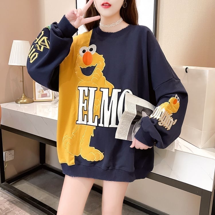 ゆったりとした重工業刺繍漫画長袖トップ<S-5083>
