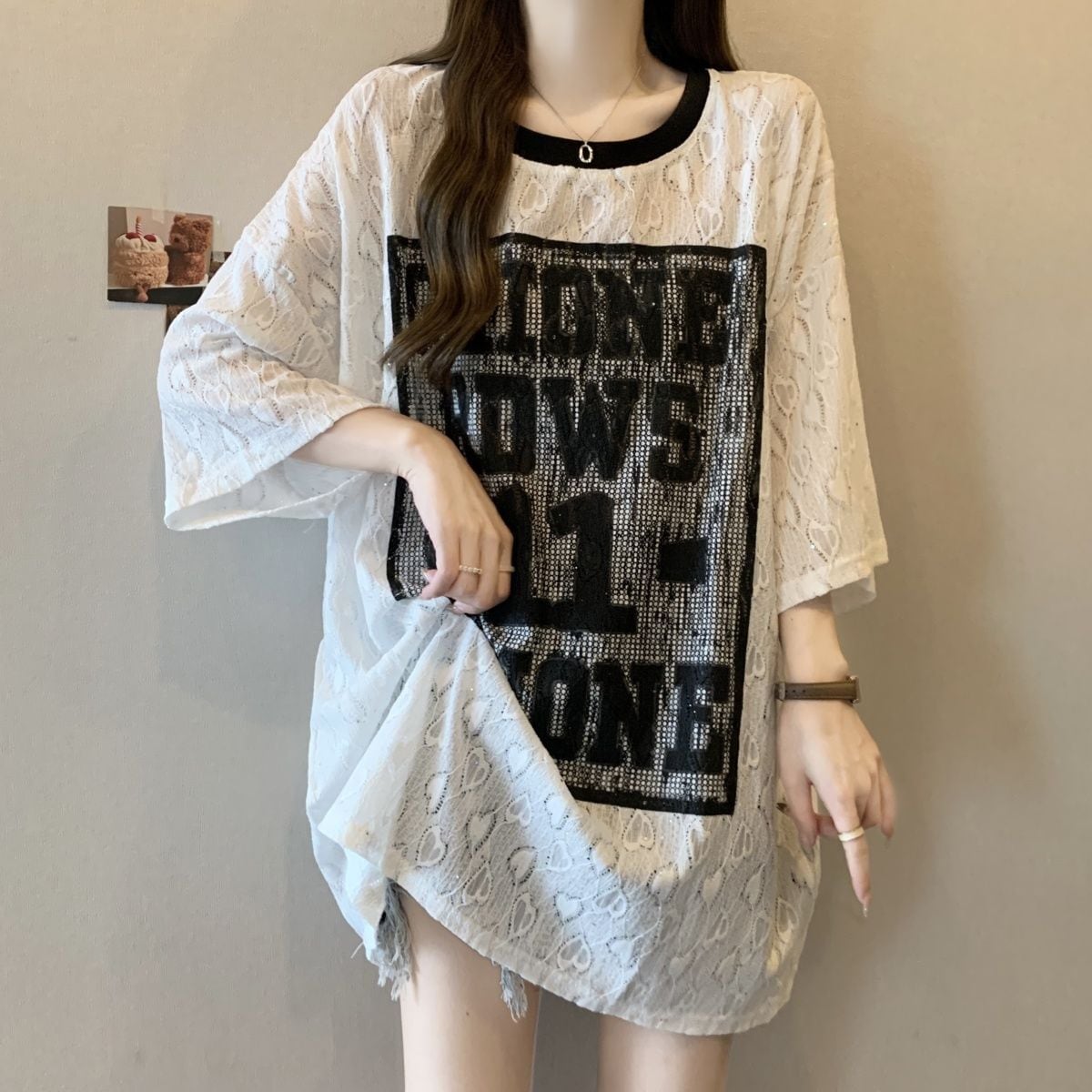 超人気 アバンギャルド 絶対流行 レース プリント全2色 半袖Tシャツ<S-8798>