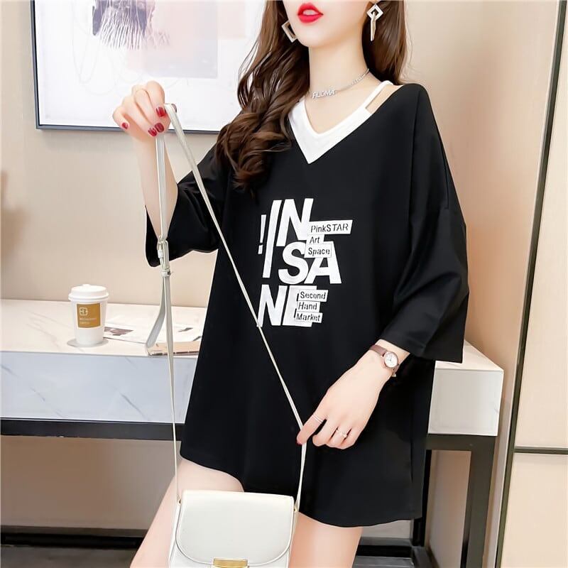 売れ筋 アルファベット Vネック フェイクレイヤード ゆったり 着?せ 半袖 Tシャツ ＜S-2005＞