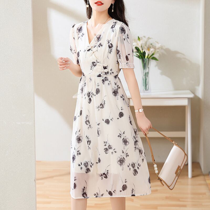 今季マストバイ シフォン ファッション 花柄 半袖ワンピース<S-8452>