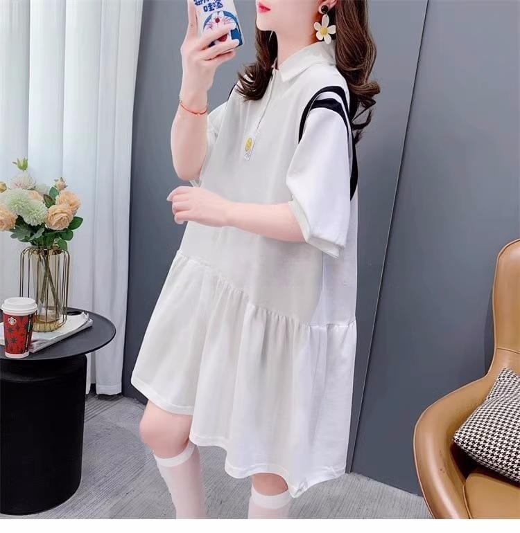 女子力アップ POLOネック 韓国系 ロング Tシャツ 二色 ゆったりワンピース ＜S-2937＞